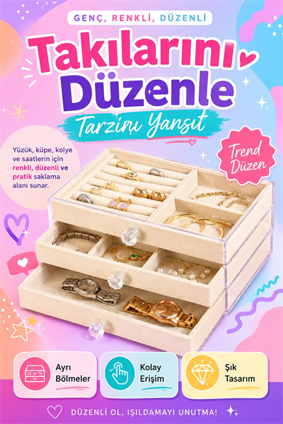 Kadife Kaplamalı Şeffaf Takı Kutusu Çekmeceli Saat Yüzük Kolye Organizeri