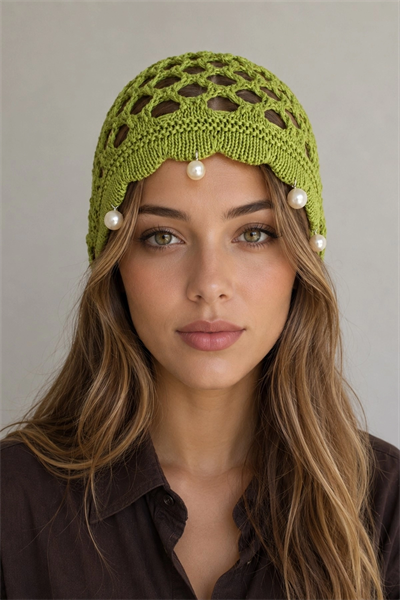 Kadın  Yazlık Örgülü İncili Fileli Bohem Bone Başlık