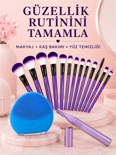Kadın Güzellik Seti 12’li Mor Makyaj Fırçası Kaş Düzeltici ve Silikon Yüz Temizleme Cihazı Cilt Bakım Seti