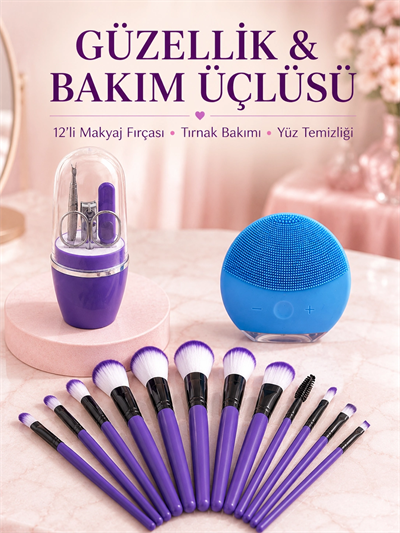 Kadın Makyaj ve Kişisel Bakım Seti 12 Parça Makyaj Fırçası Silikon Yüz Temizleyici Manikür Pedikür Tırnak Seti