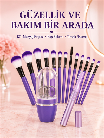 Kadın Makyaj ve Kişisel Bakım Seti 12’li Mor Makyaj Fırçası Kaş Düzeltici ve Manikür Tırnak Bakım Seti