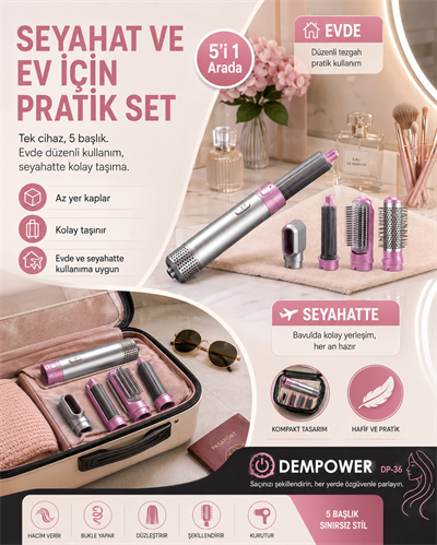 Kadınlar İçin 5 Başlıklı Saç Şekillendirme Seti Fön, Düzleştirme ve Bukle Aparatlı
