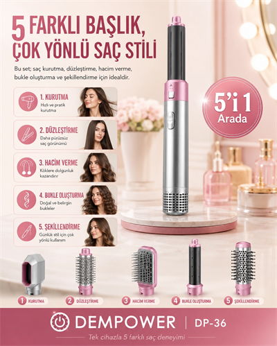 Kadınlar İçin 5 Başlıklı Saç Şekillendirme Seti Fön, Düzleştirme ve Bukle Aparatlı