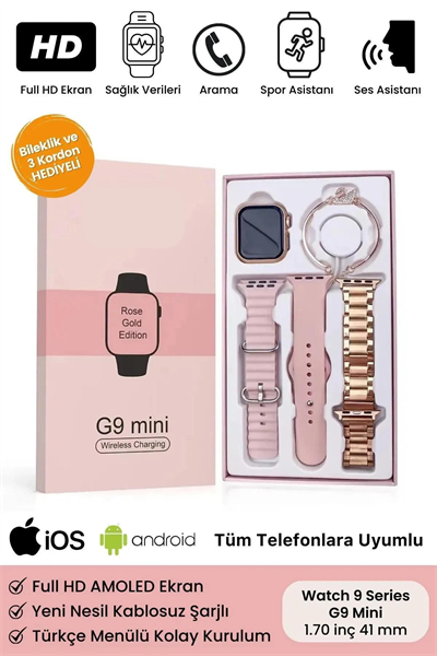 Kadınlar İçin Tasarlanmış, Nabız ve Uyku Takibi Yapan Pembe Akıllı Saat - 3 Kordonlu