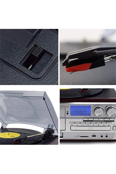 Kahverengi bluetooth kumandalı CD, kaset, USB, radyo ve 33-45-78 devir plak çalar