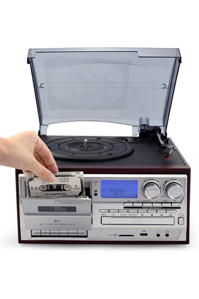 Kahverengi bluetooth kumandalı CD, kaset, USB, radyo ve 33-45-78 devir plak çalar