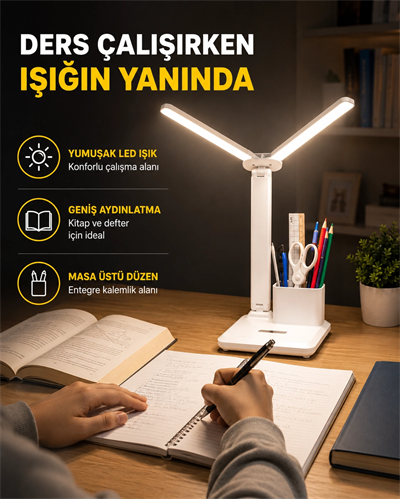 Kalemlik ve Telefon Standlı Masa Lambası – Kısılabilir LED Işık, Göz Dostu Tasarım Yeni Nesil