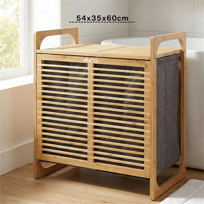 Kalın Ahşap Bambu 2 Bölmeli Kirli Çamaşır Sepeti Kumaş Çantalı Sepet=54x35x60cm Bx40
