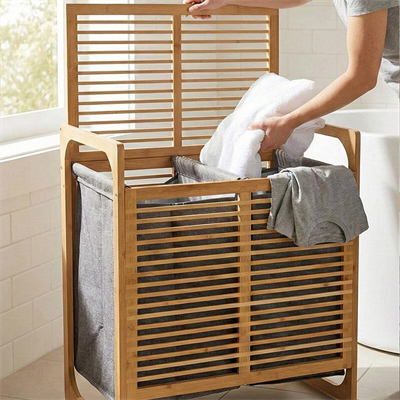 Kalın Ahşap Bambu 2 Bölmeli Kirli Çamaşır Sepeti Kumaş Çantalı Sepet=54x35x60cm Bx40