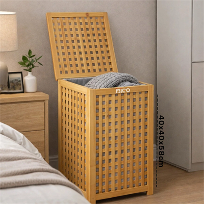 Kalın Ahşap Bambu Kirli Çamaşır Sepeti Kumaş Çantalı Sepet=40x40x58cm Bx40