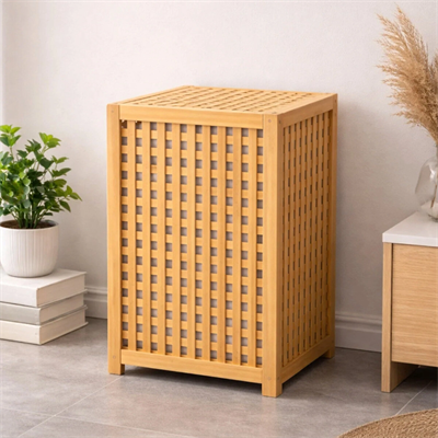 Kalın Ahşap Bambu Kirli Çamaşır Sepeti Kumaş Çantalı Sepet=40x40x58cm Bx40
