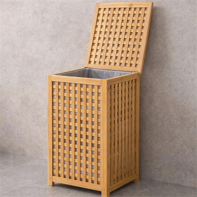 Kalın Ahşap Bambu Kirli Çamaşır Sepeti Kumaş Çantalı Sepet=40x40x58cm Bx40