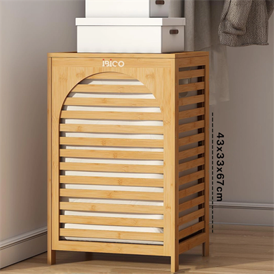 Kalın Ahşap Bambu Kirli Çamaşır Sepeti Kumaş Çantalı Sepet=43x33x67cm Bx40