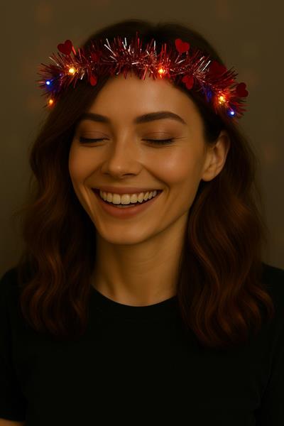 Kalp Püsküllü Gece Parıltısı 3 Modlu LED'li Işıklı Taç Kırmızı Renk (3936)