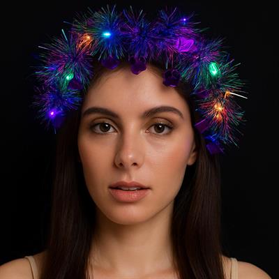 Kalp Püsküllü Gece Parıltısı 3 Modlu LED'li Işıklı Taç Mor Renk (3936)