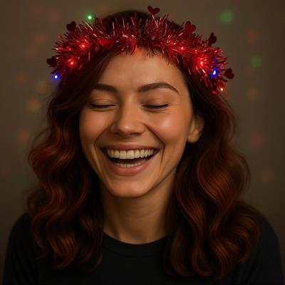 Kalp Püsküllü Gece Parıltısı 3 Modlu LED'li Işıklı Taç Kırmızı Renk (3936)