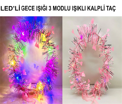 Kalp Püsküllü Gece Parıltısı 3 Modlu LED'li Işıklı Taç Pembe Renk