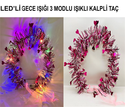 Kalp Püsküllü Gece Parıltısı 3 Modlu LED'li Işıklı Taç Fuşya Renk