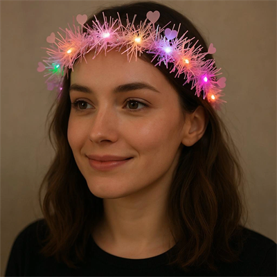 Kalp Püsküllü Gece Parıltısı 3 Modlu Led'li Işıklı Taç Pembe Renk