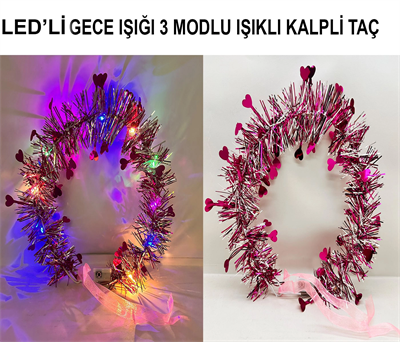 Kalp Püsküllü Gece Parıltısı 3 Modlu Led'li Işıklı Taç Fuşya Renk Bx40