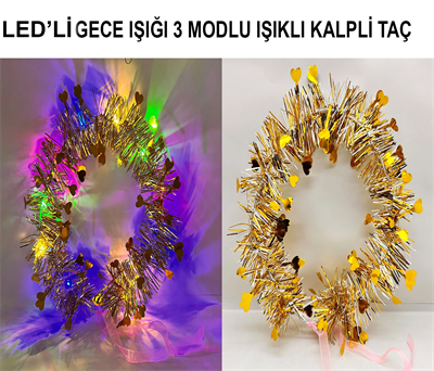 Kalp Püsküllü Gece Parıltısı 3 Modlu Led'li Işıklı Taç Altın Renk Bx40