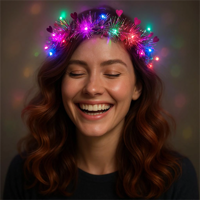 Kalp Püsküllü Gece Parıltısı 3 Modlu Led'li Işıklı Taç Fuşya Renk