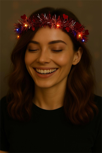 Kalp Püsküllü Gece Parıltısı 3 Modlu Led39li Işıklı Taç Kırmızı Renk