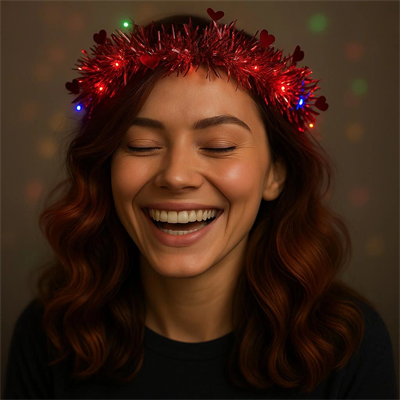 Kalp Püsküllü Gece Parıltısı 3 Modlu Led'li Işıklı Taç Kırmızı Renk