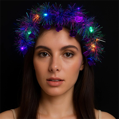 Kalp Püsküllü Gece Parıltısı 3 Modlu Led'li Işıklı Taç Mor Renk