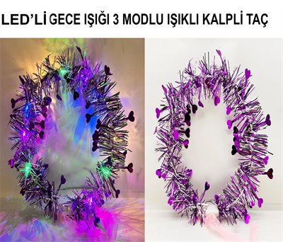 Kalp Püsküllü Gece Parıltısı 3 Modlu Led'li Işıklı Taç Mor Renk Bx40