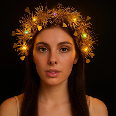 Kalp Püsküllü Gece Parıltısı 3 Modlu Led'li Işıklı Taç Altın Renk