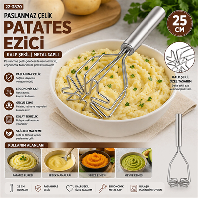 Kalp Şekil Çap: 9cm Krom Saplı=12cm Metal Patates Ezici Toplam Uzunluk: 26cm Bx40