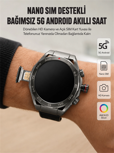 Kameralı 5G Android Akıllı Saat AMOLED Ekran Wi-Fi GPS SIM Kart Destekli