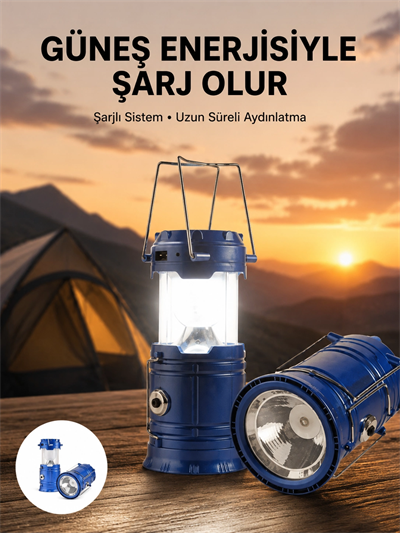 Kamp Feneri Şarj Edilebilir Güneş Enerjili Işıldak USB Şarjlı