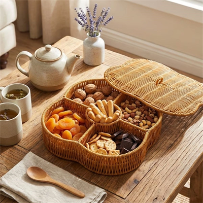 Kapaklı 5 Bölmeli Plastik Rattan Organizer Kutu – Hasır Desenli Çok Amaçlı Saklama Ve Sunum Sepeti Çerezlik Bx40
