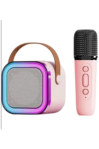 Karaoke Kablosuz Hoparlör Mikrofonlu Rgb Işıklı Bluetooth Speaker Tf Kart/usb Pembe