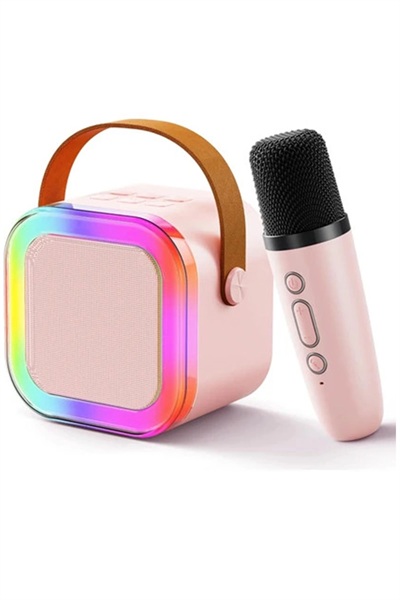 Karaoke Kablosuz Hoparlör Mikrofonlu Rgb Işıklı Bluetooth Speaker Tf Kart/usb Pembe