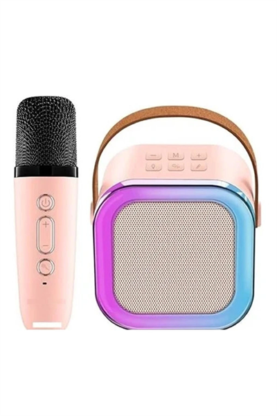 Karaoke Kablosuz Hoparlör Mikrofonlu Rgb Işıklı Bluetooth Speaker Tf Kart/usb Pembe