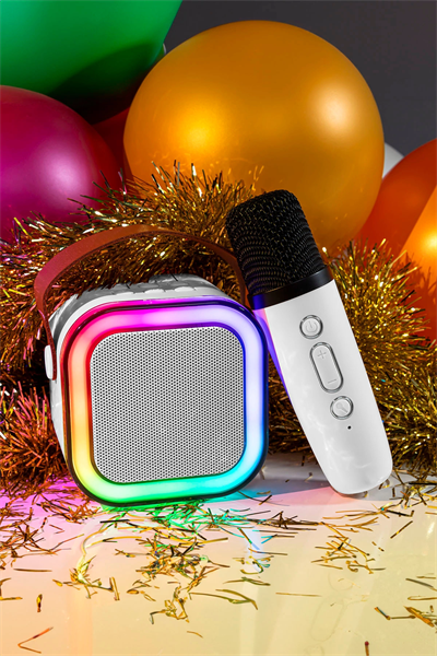 Karaoke Mikrofonlu Beyaz Bluetooth Hoparlör, Taşınabilir Müzik ve Eğlence Sistemi