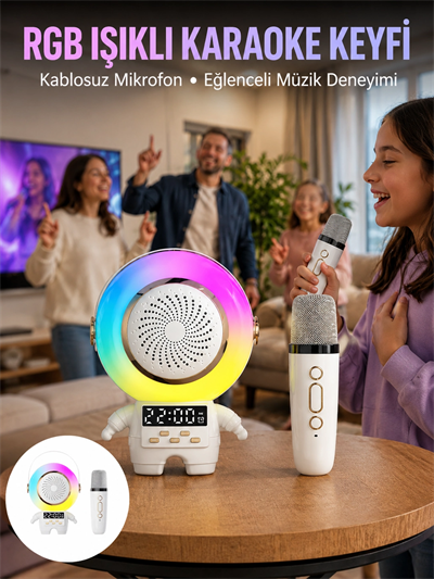 Karaoke Özellikli Astronot Bluetooth Hoparlör Kablosuz Mikrofonlu