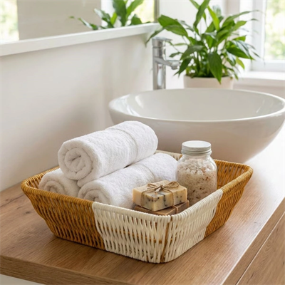 Kare Çift Renkli Plastik Rattan Ekmek Ve Meyve Sepeti - Çok Amaçlı Banyo Ve Mutfak Düzenleyici - Yıkanabilir Tezgâh Üstü Organizer Bx40