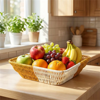 Kare Çift Renkli Plastik Rattan Ekmek Ve Meyve Sepeti - Çok Amaçlı Banyo Ve Mutfak Düzenleyici - Yıkanabilir Tezgâh Üstü Organizer Bx40