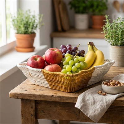 Kare Dalgalı Çift Renkli Plastik Rattan Ekmek Ve Meyve Sepeti - Çok Amaçlı Banyo Ve Mutfak Düzenleyici - Yıkanabilir Tezgâh Üstü Organizer Bx40