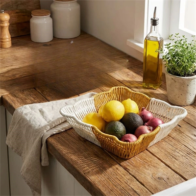 Kare Dalgalı Çift Renkli Plastik Rattan Ekmek Ve Meyve Sepeti - Çok Amaçlı Banyo Ve Mutfak Düzenleyici - Yıkanabilir Tezgâh Üstü Organizer Bx40