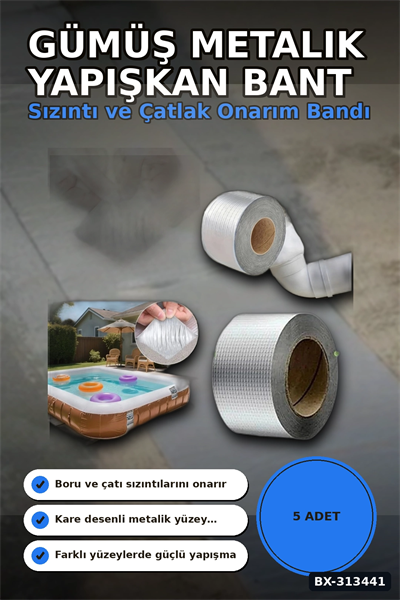 Kare Desenli Gümüş Metalik 10cmx5m Yapışkan Bant 5li Paket Çatı Duvar Boru Onarım BX-313441