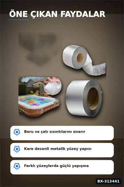 Kare Desenli Gümüş Metalik 10cmx5m Yapışkan Bant 5li Paket Çatı Duvar Boru Onarım BX-313441