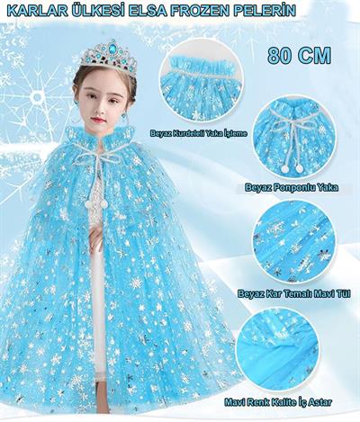 Karlar Ülkesi Elsa Frozen Mavi Pelerin – 80 cm Kar Desenli Çocuk Pelerini ( Taç Hariç ) (3936)
