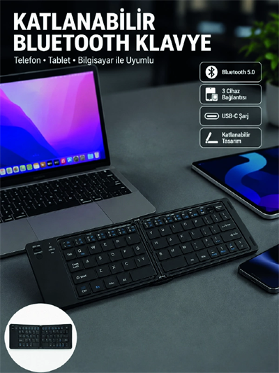 Katlanabilir Bluetooth Klavye 3 Cihaz Bağlantılı Kablosuz Taşınabilir Klavye