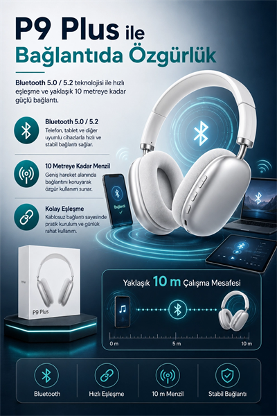 Katlanabilir Kablosuz Kulaklık Kulak Üstü Rahat Pedli Taşınabilir Stereo Model