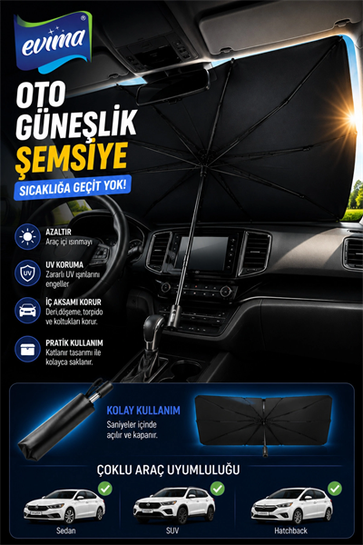 Katlanabilir Oto Güneşlik Şemsiye 75x140 cm UV Korumalı Ön Cam Gölgelik Aksesuarı